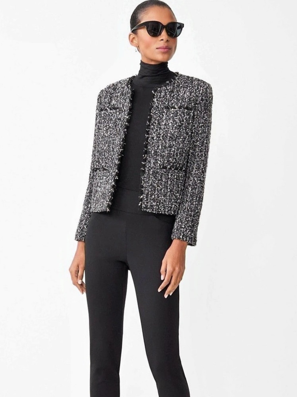 Tweed Textured Speckled Knit Fringe Lady Jacket Black & White Size XS